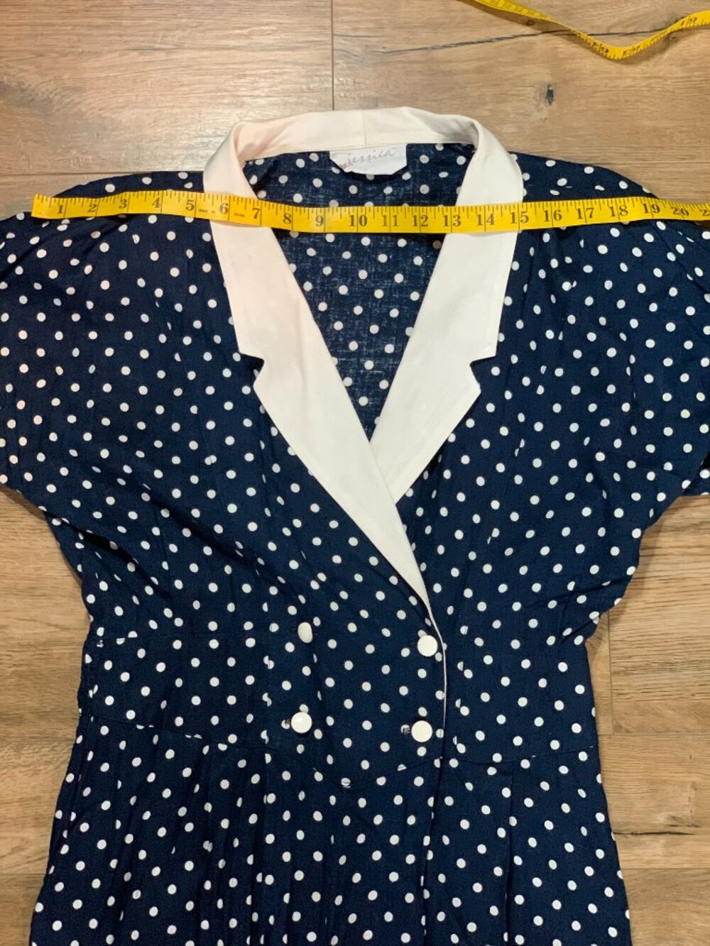 Vintage 90s Polka Dot Dress Navy White Double Breasted Modest Rockabilly Sheath - Picture 9 of 13